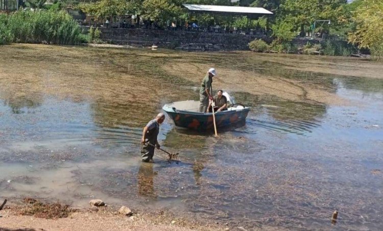 Gölbaşı’nda göl yüzeyinde temizlik yapılıyor